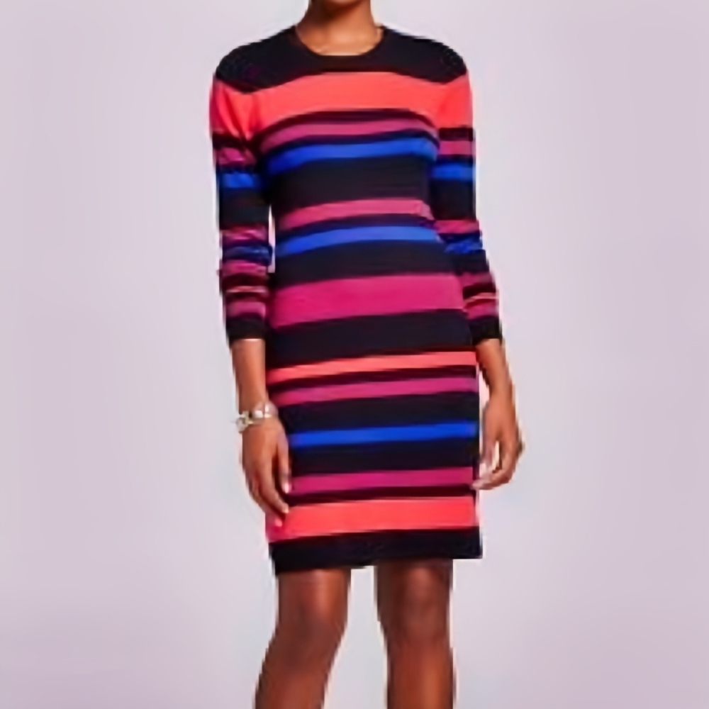 Merona Striped Knit Sweater Dress XS | Black Pink Blue Bodycon Long Sleeve